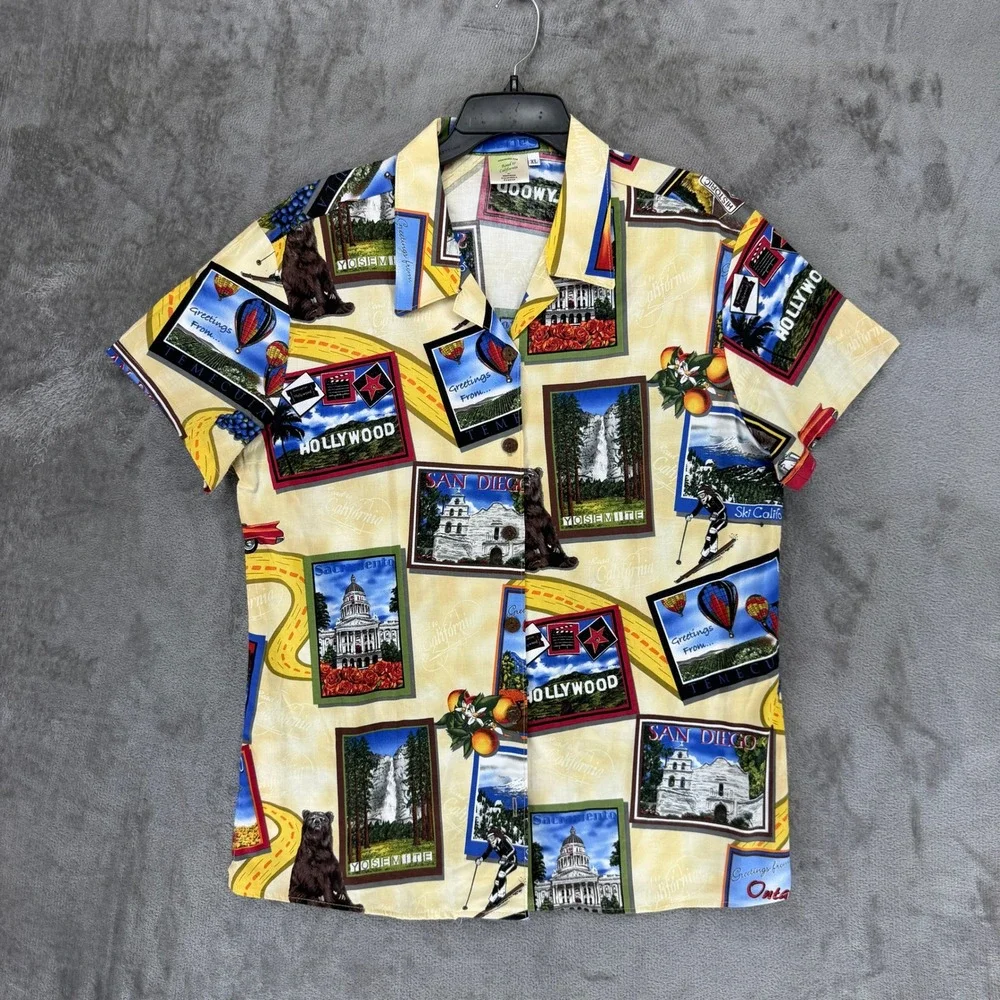 Hoffman California Fabrics Mens XL Postcard Print Shirt Road to California USA